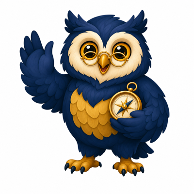 Otto, a friendly owl guide with reading glasses, waving hello